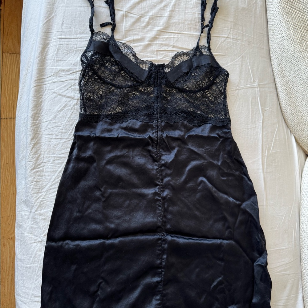 La Perla Black Silk Satin Chemise with Lace Detailing